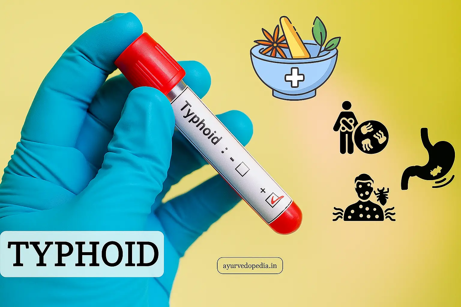 Typhoid test tube with prevention and symptoms icons