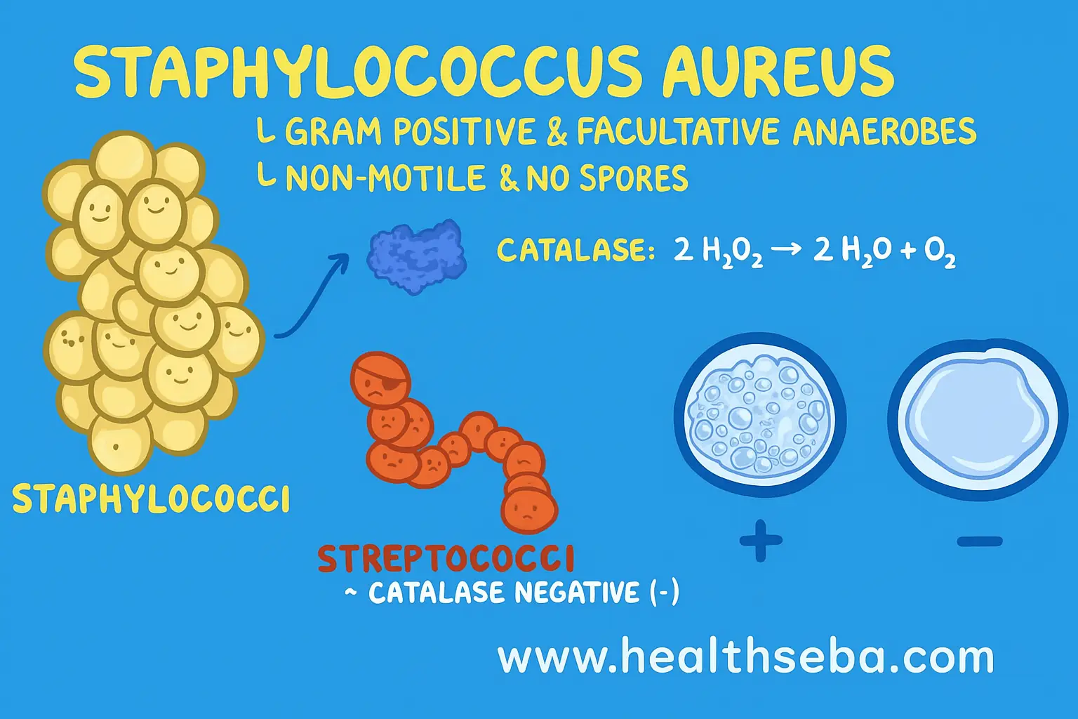 Staphylococcus aureus bacteria illustration showing gram-positive cocci, catalase test, and comparison with Streptococci.
