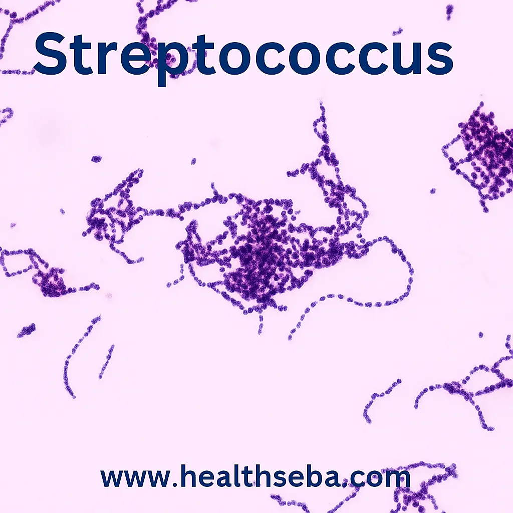 Microscope image showing Streptococcus bacteria in chain-like arrangements Title Text: Streptococcus Bacteria under Microscope