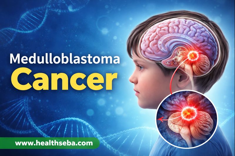 Medical illustration showing Medulloblastoma cancer tumor in the cerebellum of a child’s brain with highlighted affected area