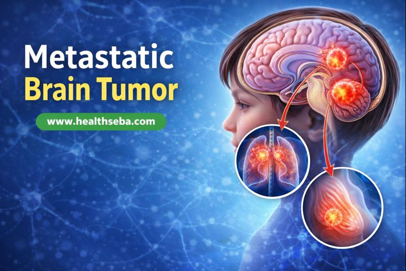 Medical illustration showing metastatic brain tumor spread from lung and breast cancer to the brain with Healthseba website branding