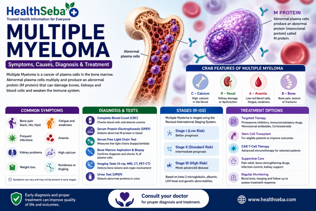 Multiple Myeloma symptoms, diagnosis, blood tests, bone marrow and treatment infographic